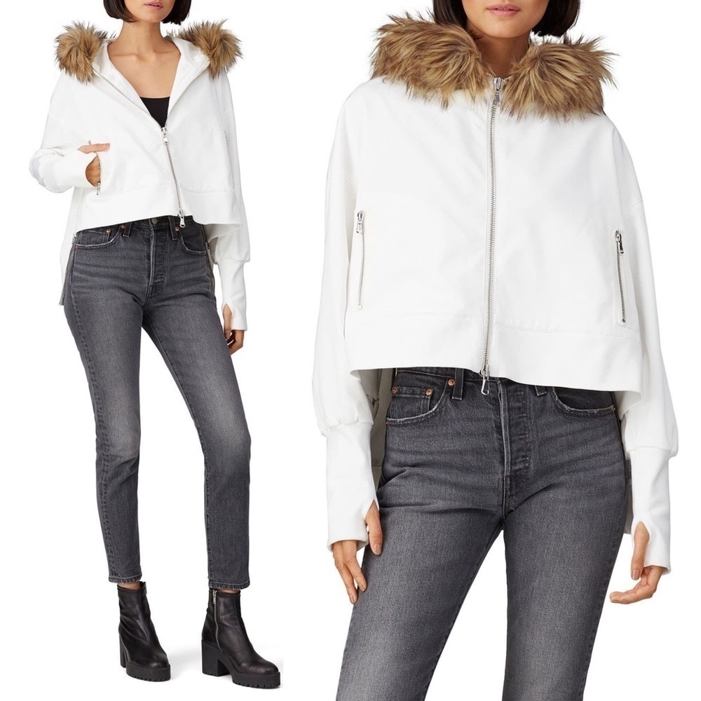 KAUFMANFRANCO Performance Jacket Cropped High-Low Boxy Fit Faux‎ Fur Trim Hood S